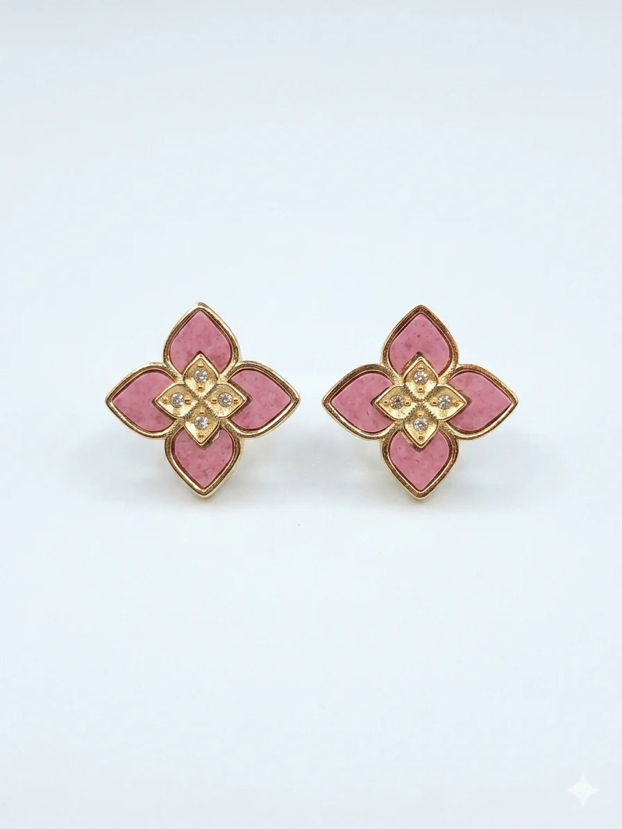 Alphabet RC Gold Plated Pink  Petal  Stud Earrings with CZ Accents