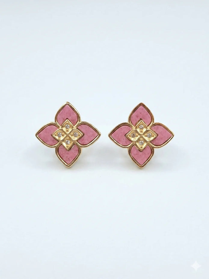 Alphabet RC Gold Plated Pink  Petal  Stud Earrings with CZ Accents