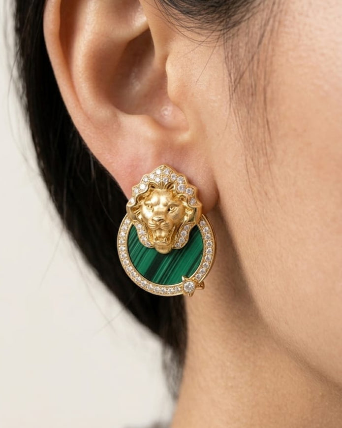 Gold plated Lion Head CZ & green Inlay Statement Earrings