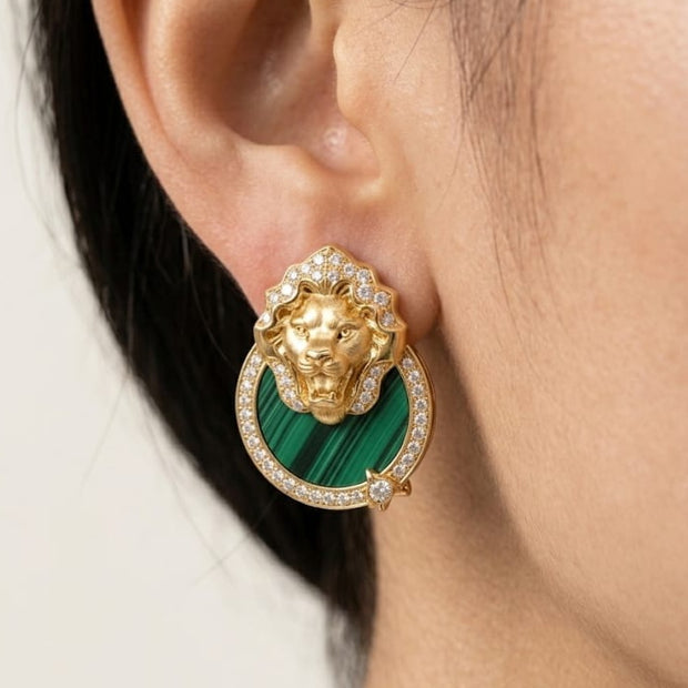 Gold plated Lion Head CZ & green Inlay Statement Earrings