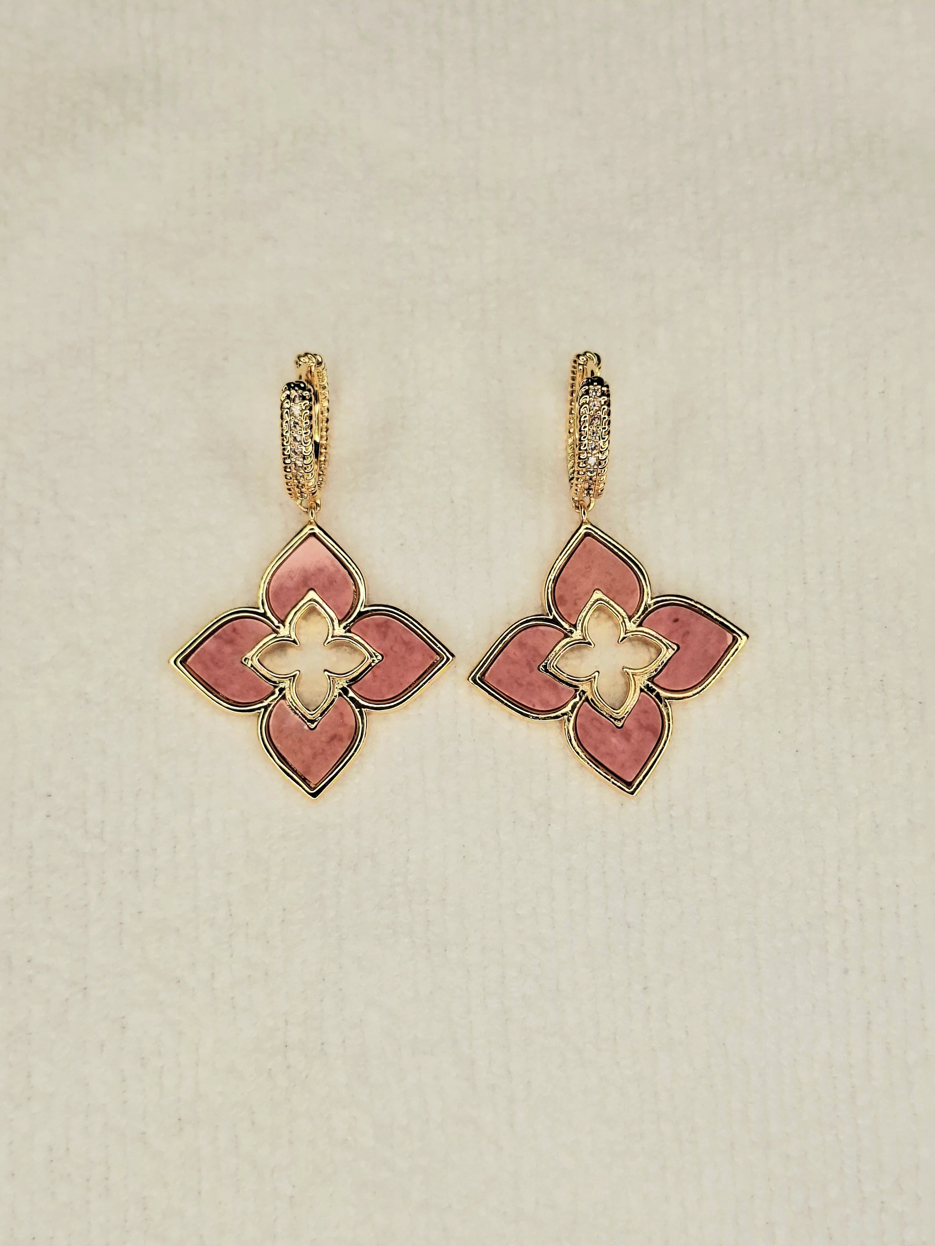 Alphabet RC Gold Plated Pink Plain  Clover Drop Earring