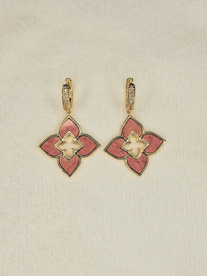 Alphabet RC Gold Plated Pink Plain  Clover Drop Earring