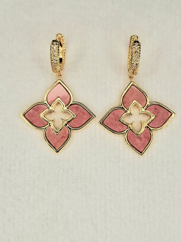 Alphabet RC Gold Plated Pink Plain  Clover Drop Earring