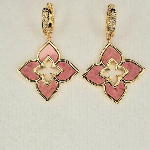 Alphabet RC Gold Plated Pink Plain  Clover Drop Earring