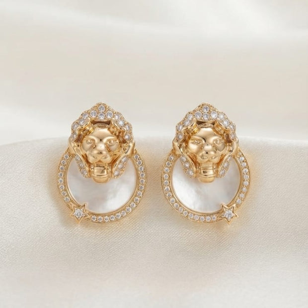 Gold plated Lion Head CZ & White Inlay Statement Earrings