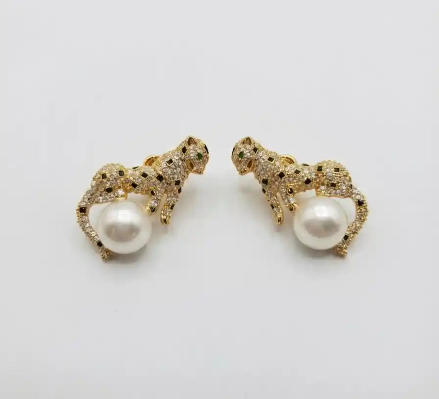 Gold Plated CZ Panther and Pearl Statement Earrings