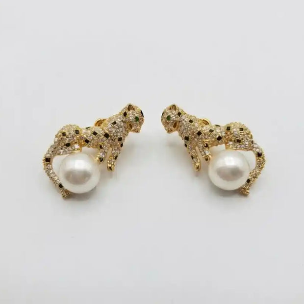 Gold Plated CZ Panther and Pearl Statement Earrings