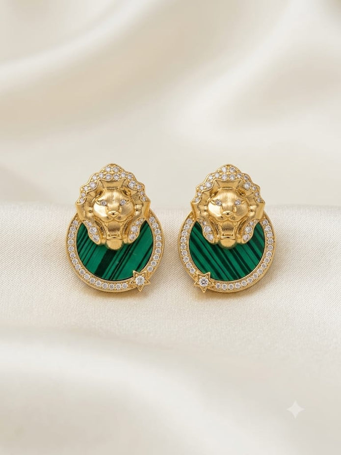 Gold plated Lion Head CZ & green Inlay Statement Earrings