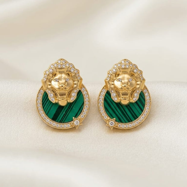 Gold plated Lion Head CZ & green Inlay Statement Earrings