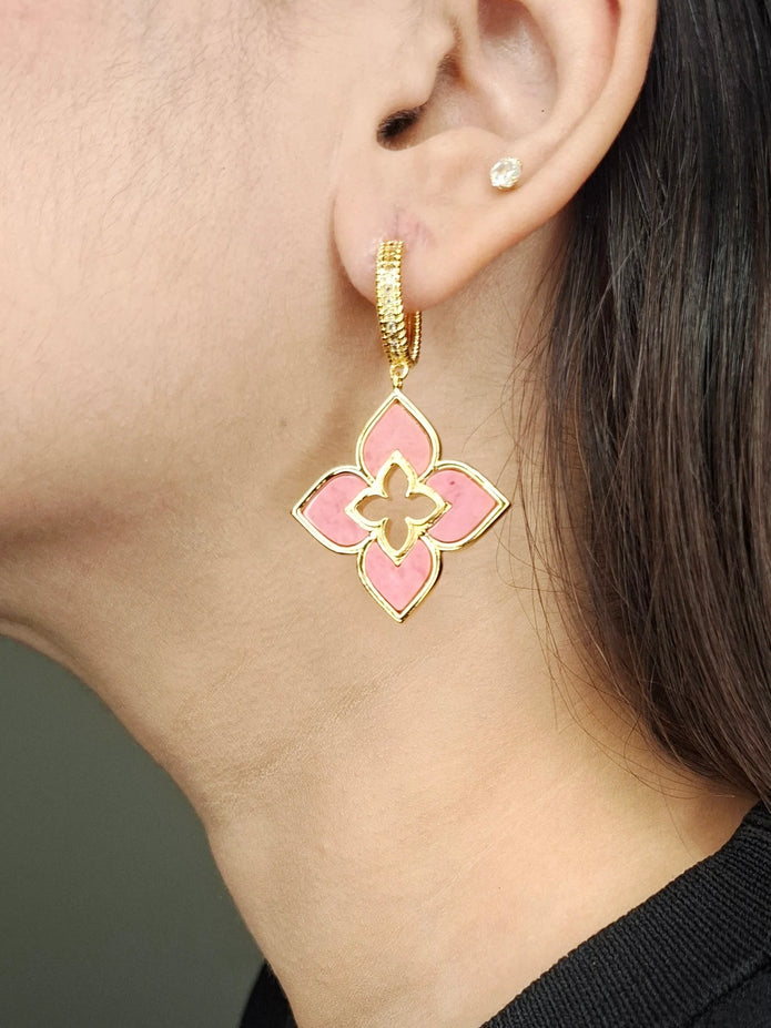 Alphabet RC Gold Plated Pink Plain  Clover Drop Earring