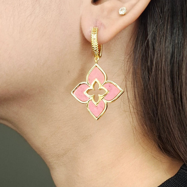 Alphabet RC Gold Plated Pink Plain  Clover Drop Earring