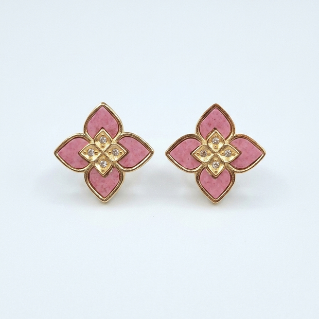 Alphabet RC Gold Plated Pink  Petal  Stud Earrings with CZ Accents