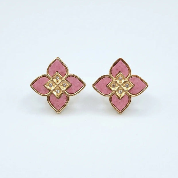 Alphabet RC Gold Plated Pink  Petal  Stud Earrings with CZ Accents
