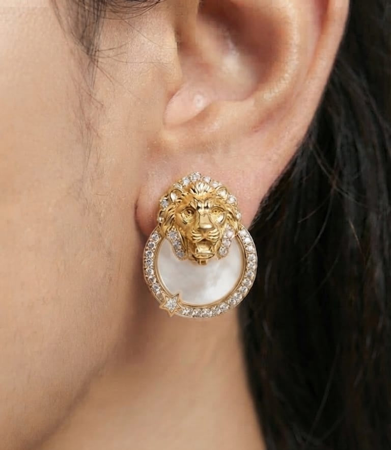 Gold plated Lion Head CZ & White Inlay Statement Earrings