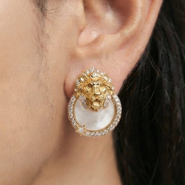 Gold plated Lion Head CZ & White Inlay Statement Earrings