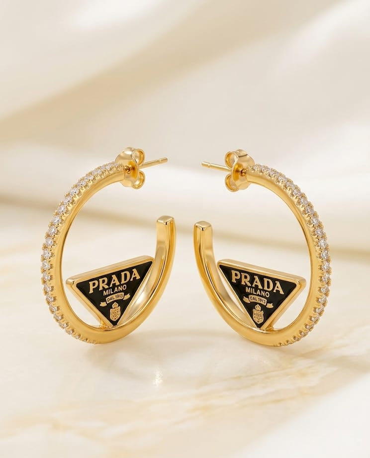 Gold plated Pave CZ & Black Enamel Triangle Hoop Earrings