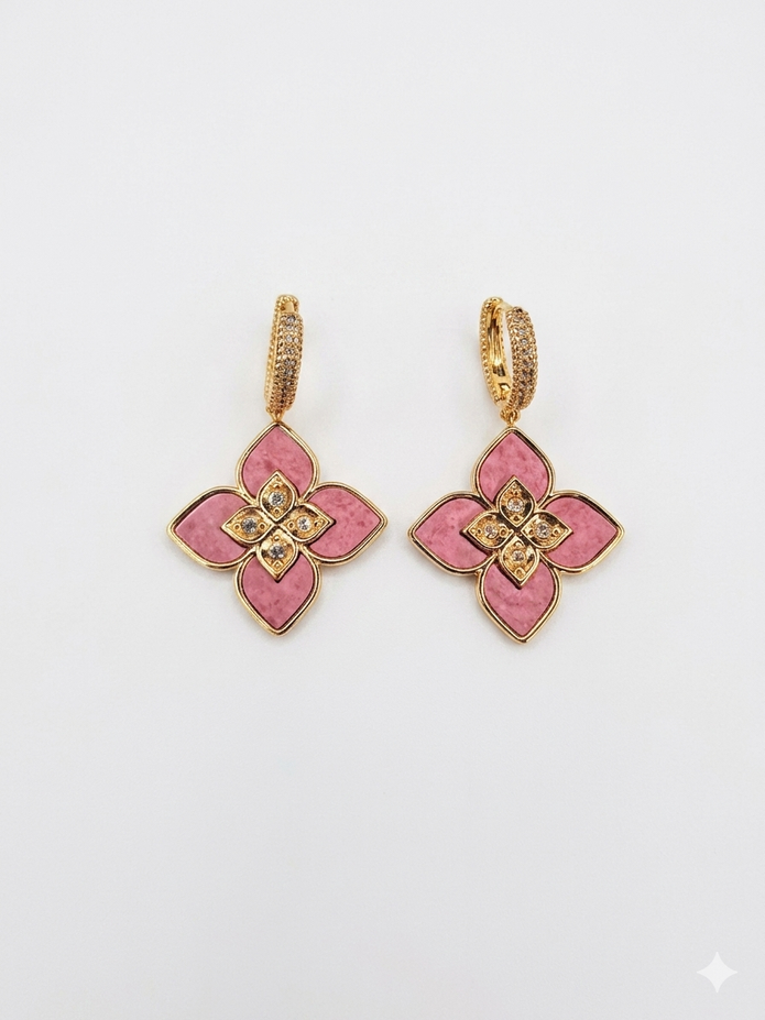 Alphabet RC  Gold Plated Pink Petal Drop Earrings with CZ Accents