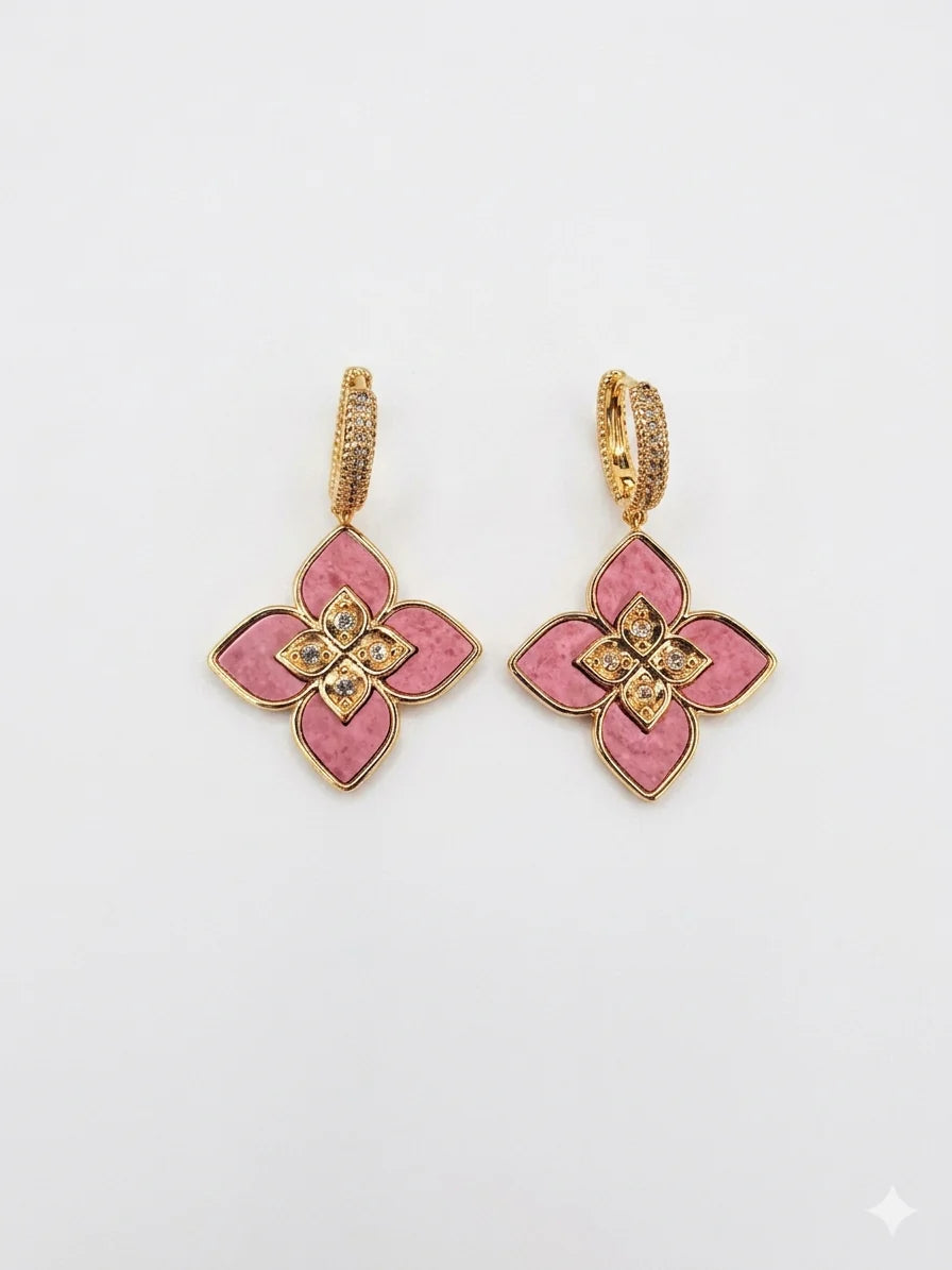 Alphabet RC  Gold Plated Pink Petal Drop Earrings with CZ Accents