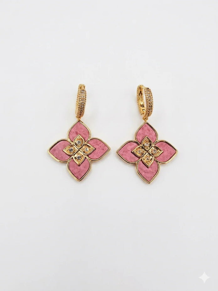 Alphabet RC  Gold Plated Pink Petal Drop Earrings with CZ Accents