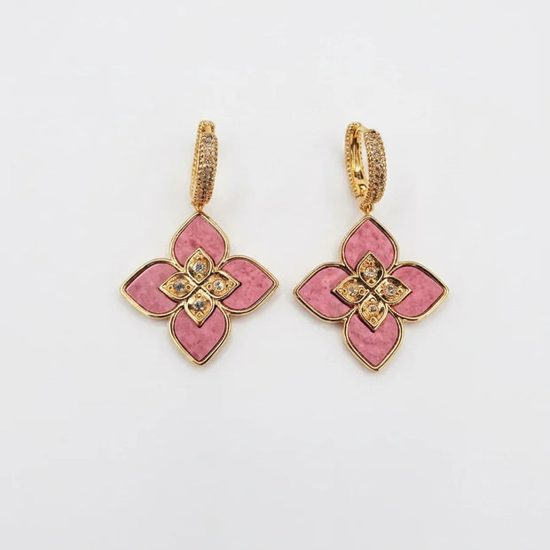 Alphabet RC  Gold Plated Pink Petal Drop Earrings with CZ Accents