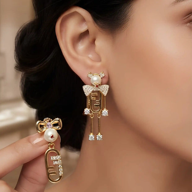 Heritage Gold-Plated CZ & Pearl Asymmetrical Emblem Drop Earrings