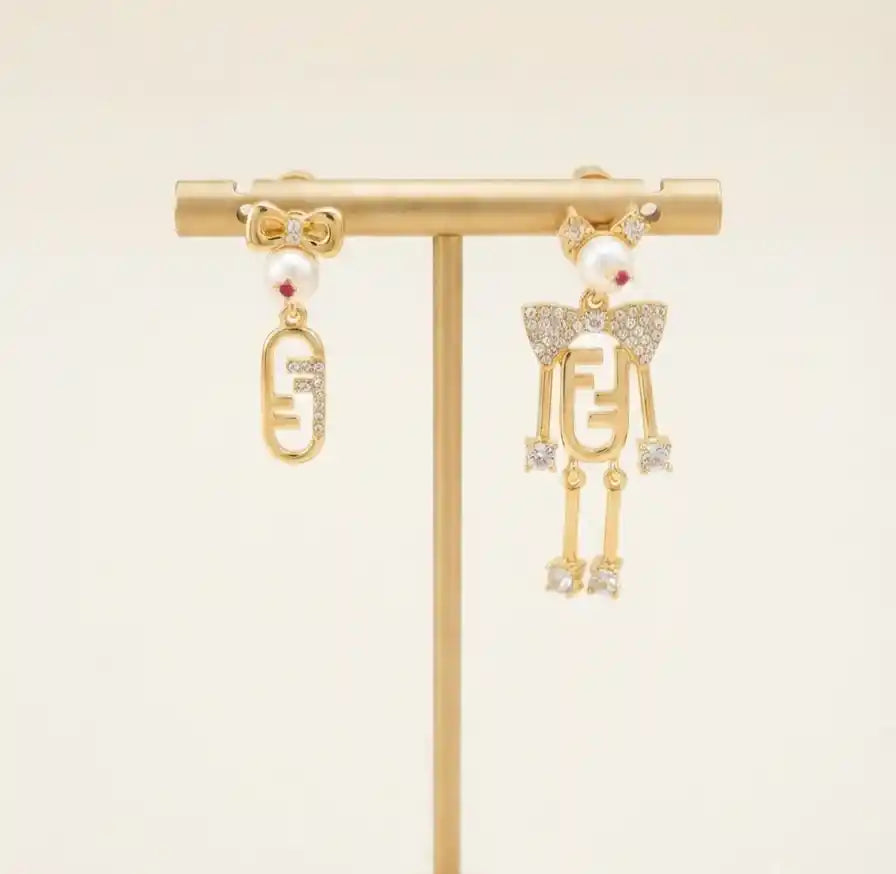 Heritage Gold-Plated CZ & Pearl Asymmetrical Emblem Drop Earrings