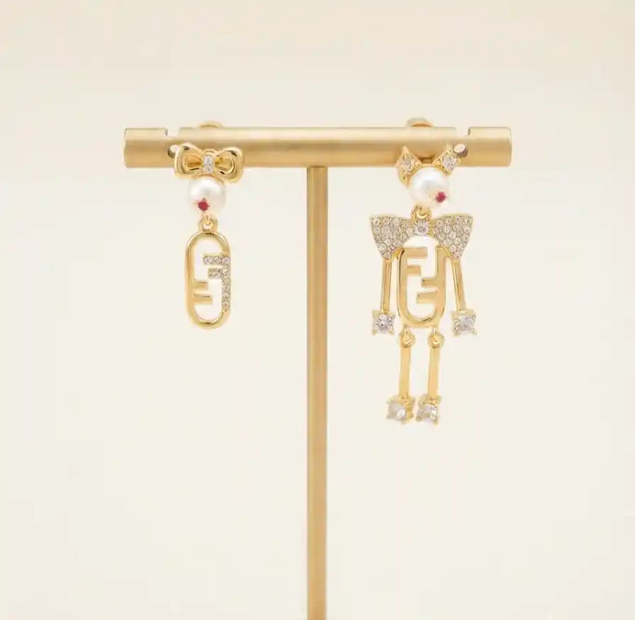 Heritage Gold-Plated CZ & Pearl Asymmetrical Emblem Drop Earrings