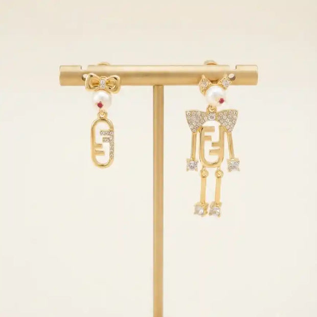 Heritage Gold-Plated CZ & Pearl Asymmetrical Emblem Drop Earrings