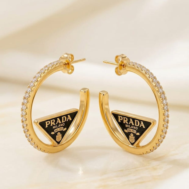 Gold plated Pave CZ & Black Enamel Triangle Hoop Earrings