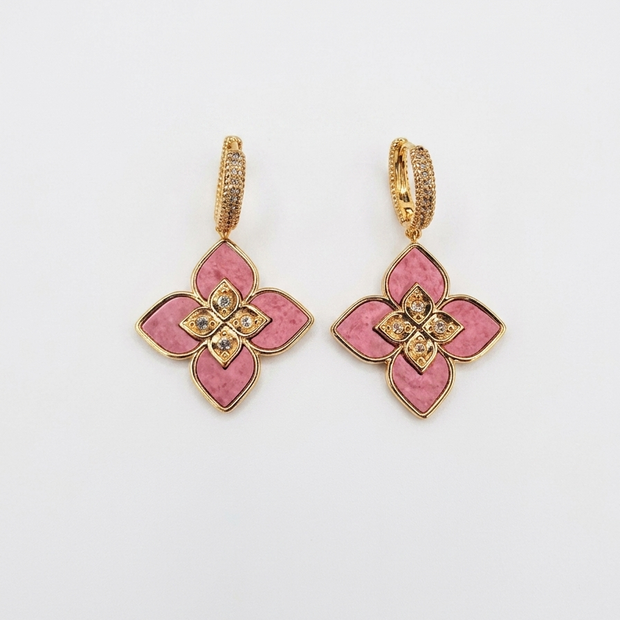 Alphabet RC  Gold Plated Pink Petal Drop Earrings with CZ Accents