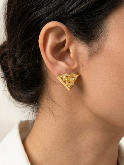 Gold Plated 3D Rose Triangle Stud Earrings