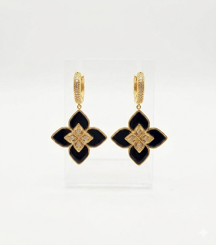 Alphabet RC Gold Plated Black Petal Drop Earrings with CZ Accents