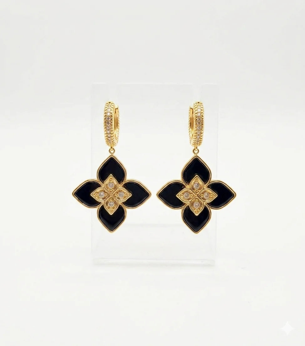 Alphabet RC Gold Plated Black Petal Drop Earrings with CZ Accents