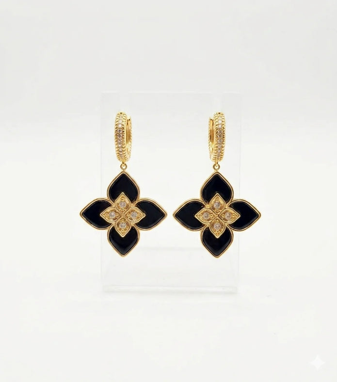 Alphabet RC Gold Plated Black Petal Drop Earrings with CZ Accents