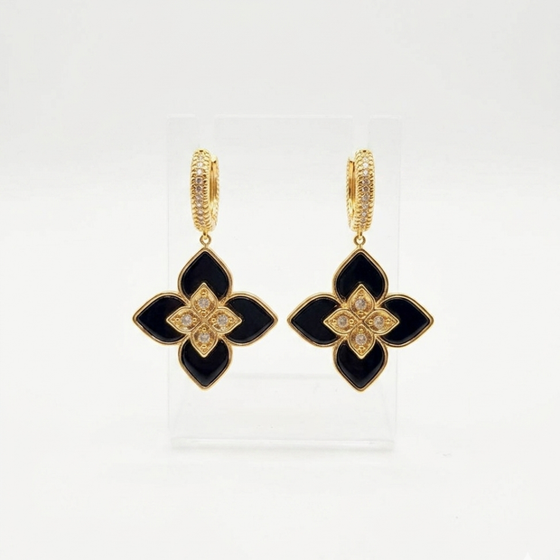 Alphabet RC Gold Plated Black Petal Drop Earrings with CZ Accents