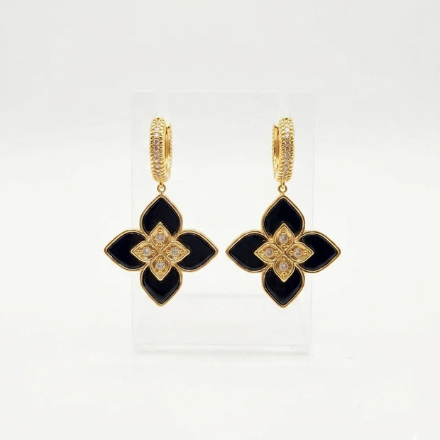 Alphabet RC Gold Plated Black Petal Drop Earrings with CZ Accents