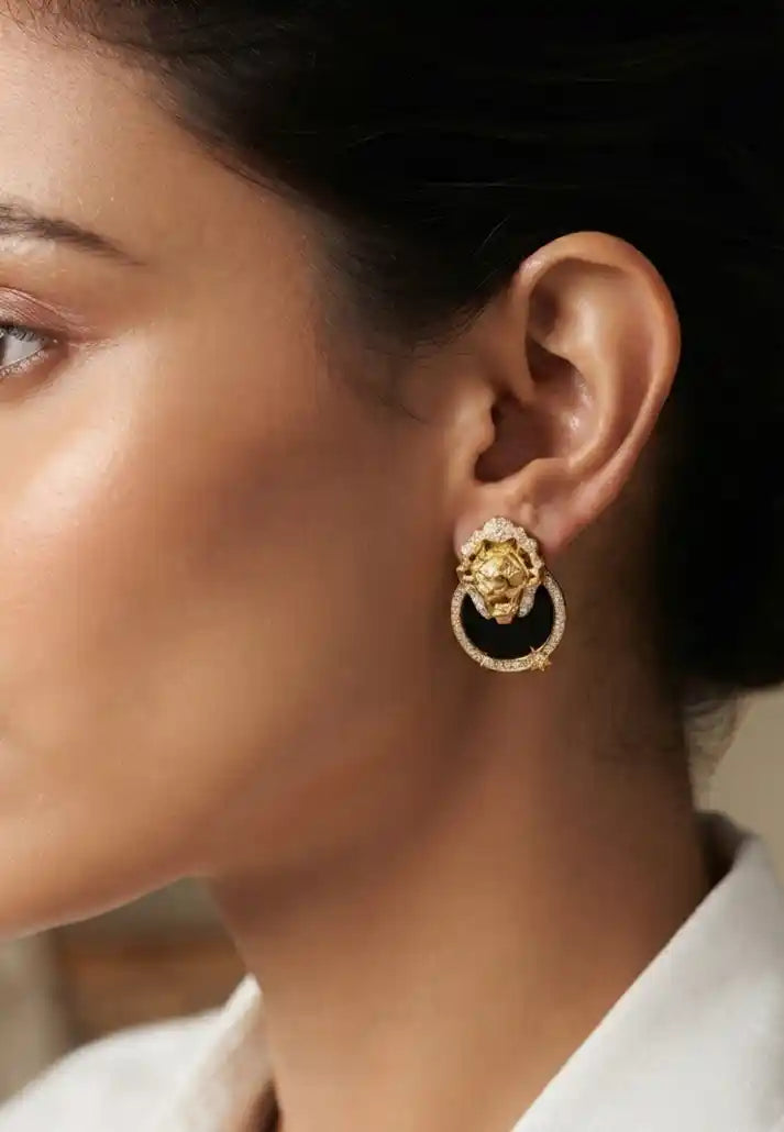 Gold plated Lion Head CZ & Black Inlay Statement Earrings