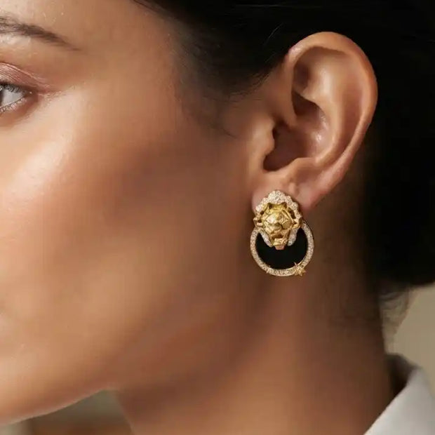 Gold plated Lion Head CZ & Black Inlay Statement Earrings