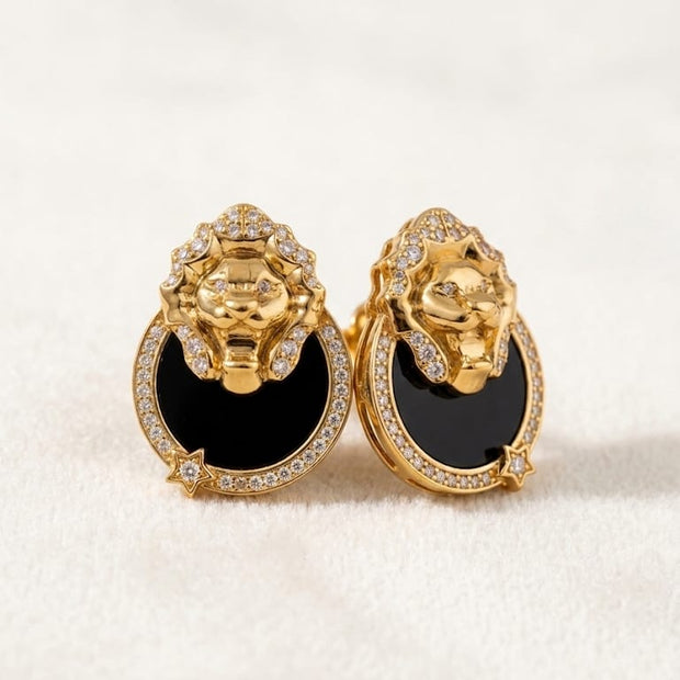 Gold plated Lion Head CZ & Black Inlay Statement Earrings