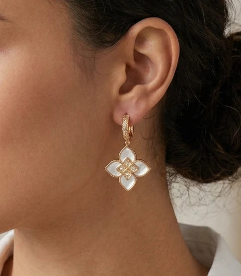 Alphabet RC Gold Plated White MOP petal Drop Earrings with CZ Accents