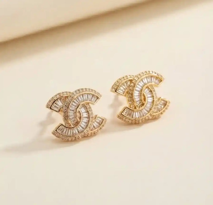 Gold Plated Double C Baguette CZ Stud Earrings