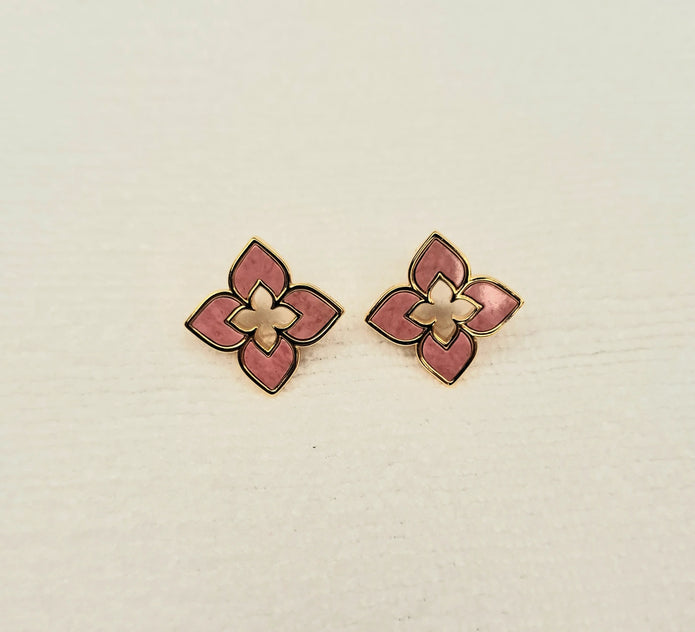 Alphabet RC Gold Plated Pink Clover Plain Stud Earring