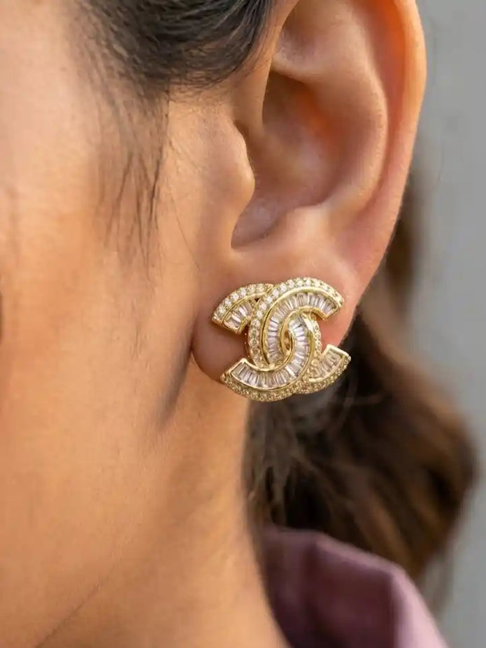 Gold Plated Double C Baguette CZ Stud Earrings