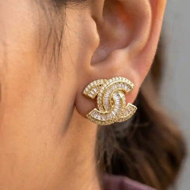 Gold Plated Double C Baguette CZ Stud Earrings
