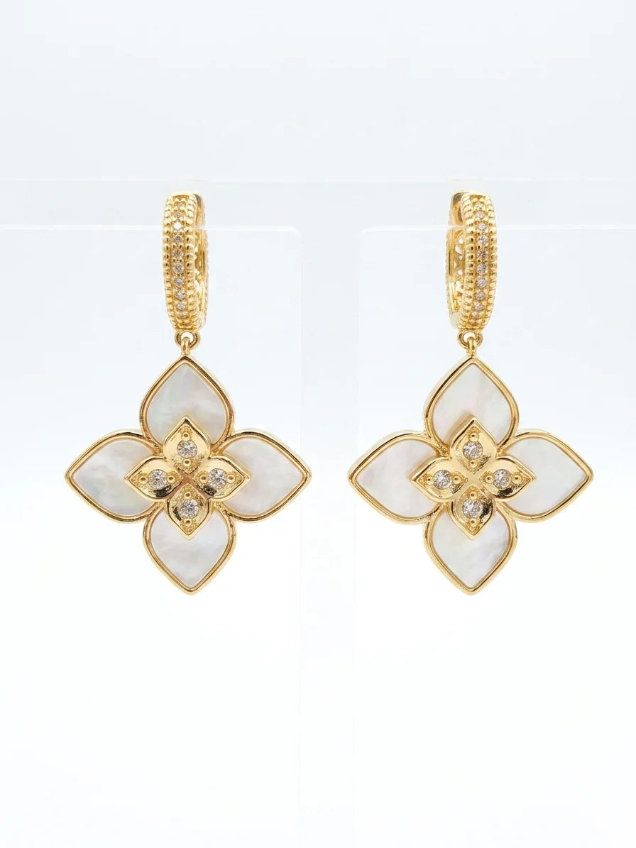Alphabet RC Gold Plated White MOP petal Drop Earrings with CZ Accents
