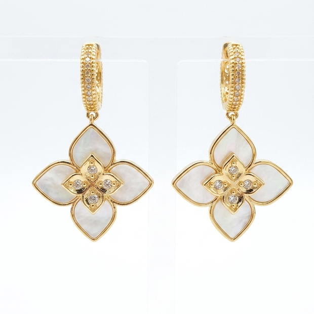 Alphabet RC Gold Plated White MOP petal Drop Earrings with CZ Accents