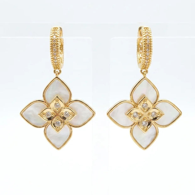 Alphabet RC Gold Plated White MOP petal Drop Earrings with CZ Accents