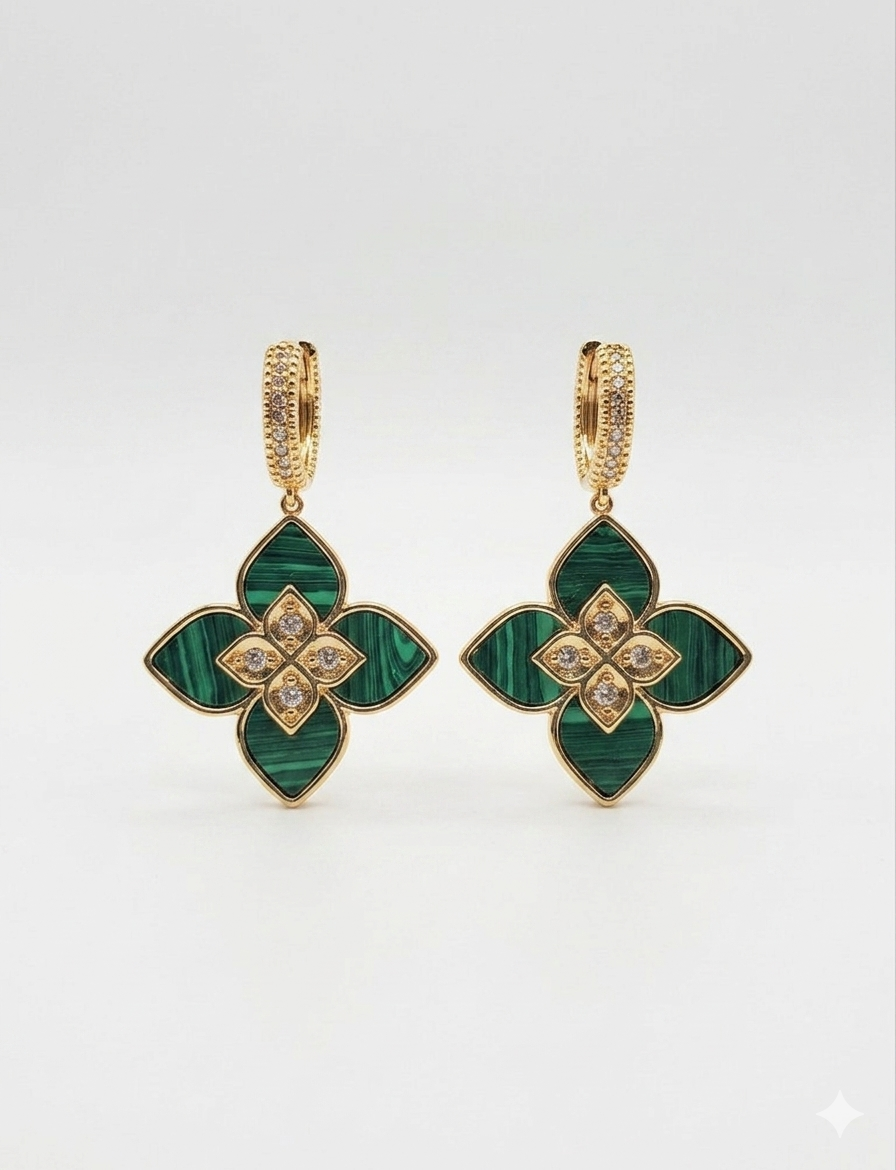 Alphabet RC Gold Plated White Green Drop Earrings with CZ Accents