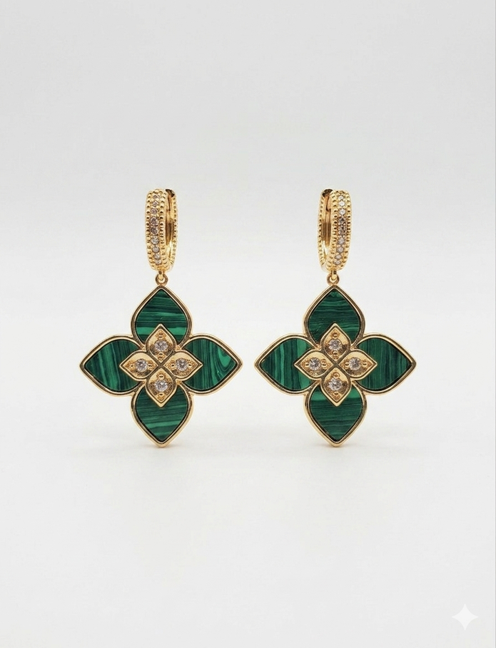 Alphabet RC Gold Plated White Green Drop Earrings with CZ Accents