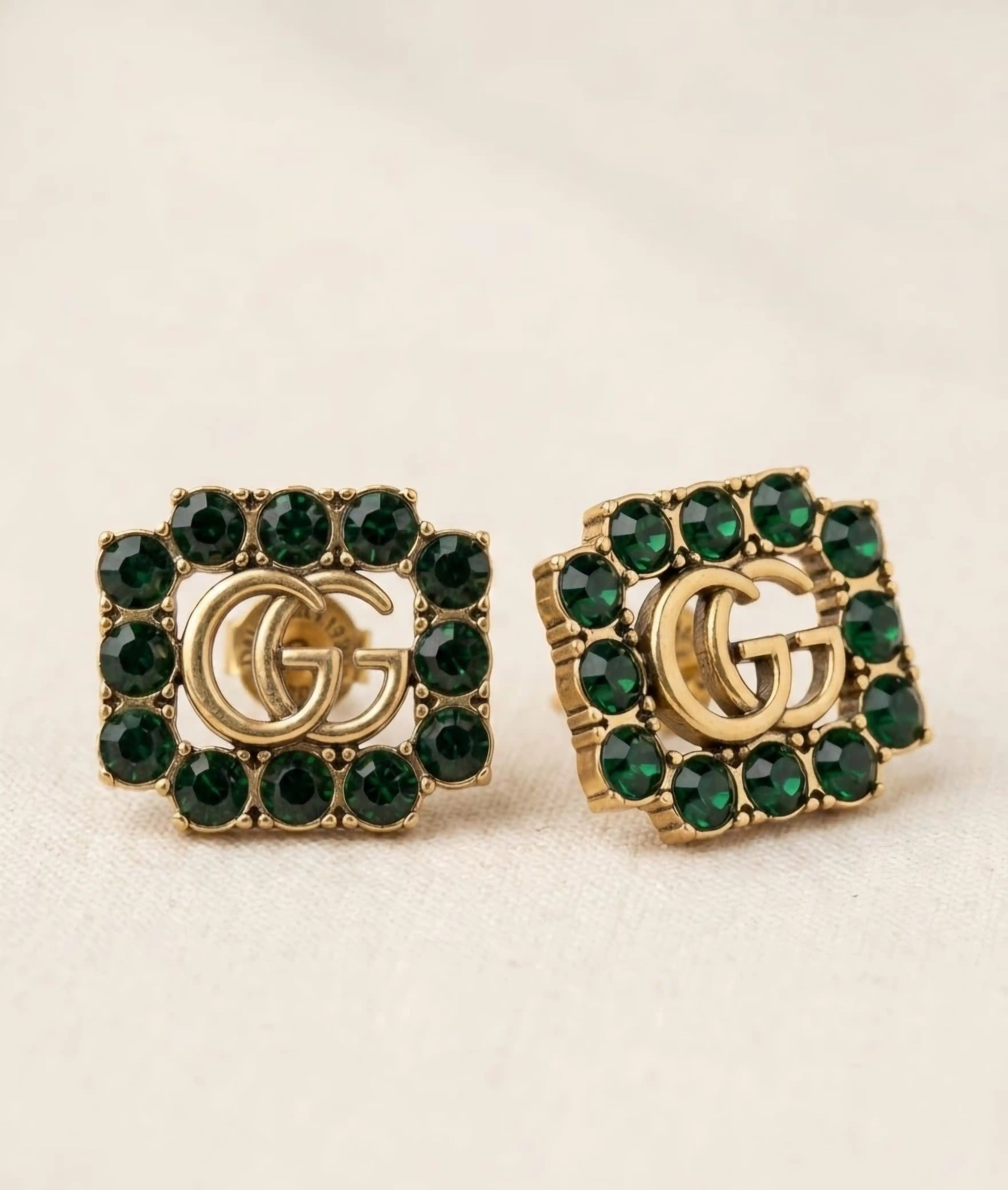Antiqued Gold-Tone Double G & Deep Emerald Green Stud Earrings